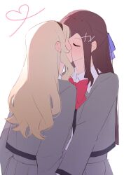 Rule 34 | 2girls, black hairband, blonde hair, blush, bow, bowtie, brown hair, closed eyes, collared shirt, commentary, grey jacket, grey skirt, hair ribbon, hairband, hashtag-only commentary, heart, highres, jacket, kiss, long hair, long sleeves, multiple girls, pleated skirt, purple ribbon, raven (rnzraven), red bow, red bowtie, ribbon, saijou claudine, seishou music academy uniform, shirt, shoujo kageki revue starlight, simple background, skirt, tendou maya, white background, white shirt, yuri