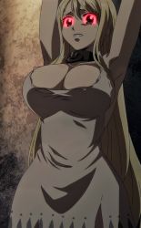 Rule 34 | absurdres, armpits, blonde hair, blue eyes, breasts, chain, cleavage, collar, crying, crying with eyes open, dress, fairy tail, fairy tail: dragon cry, glowing, glowing eyes, highres, large breasts, long hair, lucy heartfilia, red eyes, scared, screencap, slave, stitched, tears, third-party edit, torn clothes