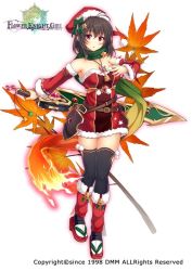 Rule 34 | 1girl, ahoge, alternate costume, antenna hair, bare shoulders, belt, black hair, black thighhighs, blush, bow, christmas, detached sleeves, expressionless, flower knight girl, full body, green bow, green scarf, hat, hat bow, jewelry, leaf, leg warmers, looking at viewer, maple leaf, miniskirt, momiji (flower knight girl), multicolored clothes, multicolored scarf, name connection, necklace, object namesake, official art, orange scarf, red eyes, red hat, red skirt, reverse grip, santa hat, scarf, short hair, simple background, skirt, solo, standing, sword, tabi, thighhighs, utsurogi akira, weapon, white background