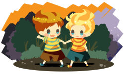 Rule 34 | 2boys, blue footwear, border, brown hair, brown shorts, claus (mother 3), closed mouth, crying, hitofutarai, holding hands, lucas (mother 3), male focus, mother (game), mother 3, multiple boys, nintendo, open mouth, orange footwear, shirt, short hair, shorts, striped clothes, striped shirt, tears, tree, walking, white border