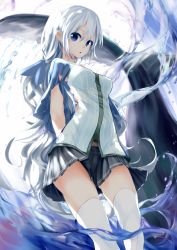Rule 34 | 1girl, arms behind back, blue eyes, breasts, capelet, fish, hair ribbon, kachayori, long hair, looking at viewer, open mouth, original, ribbon, silver hair, skirt, solo, thighhighs, white thighhighs