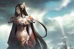 Rule 34 | 1girl, armor, bird, black eyes, black hair, breasts, cleavage, cloud, cloudy sky, dixneuf, frown, highres, irelia, large breasts, league of legends, long hair, long sleeves, looking to the side, midriff, navel, sky, solo