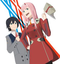 Rule 34 | 10s, 1boy, 1girl, black hair, blue eyes, commentary, couple, darling in the franxx, fringe trim, green eyes, hair ornament, hairband, hand on own hip, hand on own chest, hat, hetero, highres, hiro (darling in the franxx), horns, i211, long hair, long sleeves, military, military uniform, necktie, oni horns, open mouth, orange neckwear, pantyhose, peaked cap, pink hair, red horns, red neckwear, short hair, uniform, white hairband, zero two (darling in the franxx)