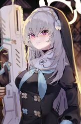 Rule 34 | 1girl, assault rifle, black dress, black gloves, blue archive, blue neckerchief, blurry, blurry background, blush, breasts, bullpup, closed mouth, dress, gloves, grey hair, gun, habit, halo, highres, holding, holding gun, holding weapon, impossible clothes, iwi tavor, kuronuma s, large breasts, long hair, long sleeves, looking at viewer, neckerchief, purple eyes, rifle, sakurako (blue archive), solo, turtleneck, twitter username, upper body, watermark, weapon