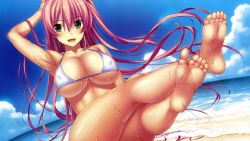 Rule 34 | 1girl, :d, amakura, arm up, armpits, bare shoulders, barefoot, beach, bikini, blue sky, breasts, cleavage, cloud, collarbone, covered erect nipples, day, feet, green eyes, highres, kouzuki haruka, large breasts, long hair, open mouth, outdoors, pink hair, shiny skin, sitting, sky, smile, soles, solo, swimsuit, toes, umikaze no fragments, umisora no fragments, very long hair, wet, white bikini