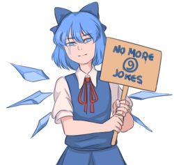Rule 34 | 1girl, blue dress, blue eyes, blue hair, bow, circled 9, cirno, commentary, crying, crying with eyes open, dress, english text, hair bow, ice, ice wings, looking at viewer, mefomefo, neck ribbon, ribbon, short sleeves, sign, simple background, solo, tears, text focus, touhou, white background, wings