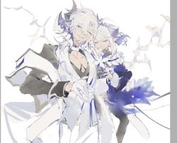 Rule 34 | 1boy, 1girl, ciel (elsword), closed mouth, crown, dress, elsword, closed eyes, gloves, hand on another&#039;s shoulder, horns, leaning on person, leaning on person, linbai22, long hair, long sleeves, luciela r. sourcream, open mouth, pointy ears, short hair, smile, teeth, white background, white hair