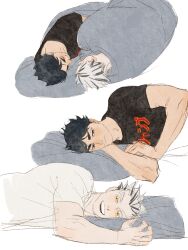 Rule 34 | 2boys, akaashi keiji, black eyes, black hair, black shirt, blanket, bokuto koutarou, chengongzi123, closed mouth, commentary, facing another, grey hair, haikyuu!!, highres, looking at viewer, lying, male focus, multicolored hair, multiple boys, on side, open mouth, pillow, shirt, short hair, short sleeves, simple background, smile, streaked hair, symbol-only commentary, under covers, upper body, very short hair, white background, white shirt, yaoi, yellow eyes