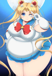 Rule 34 | 1girl, ass, bishoujo senshi sailor moon, blonde hair, blue eyes, blush, breasts, covered erect nipples, fat, highres, kurokaze no sora, large breasts, long hair, looking at viewer, moon, obese, one eye closed, sailor moon, smile, solo, thick thighs, thighs, tsukino usagi, twintails, very long hair, wide hips, wink