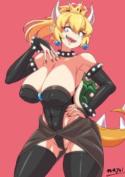 Rule 34 | 1girl, armlet, bare shoulders, between breasts, black leotard, black nails, black thighhighs, blue eyes, blue gemstone, blush, bowsette, bracelet, breasts, collarbone, commentary request, covered navel, cowboy shot, crown, earrings, fingernails, gem, gluteal fold, groin, hair between eyes, hand on own hip, hand up, high ponytail, highleg, highleg leotard, highres, hip bones, hip focus, horns, huge breasts, jewelry, legs apart, leotard, lizard tail, long fingernails, looking at viewer, mario (series), mayoi89g, medium hair, nail polish, new super mario bros. u deluxe, nintendo, open mouth, pink background, pointy ears, ponytail, sharp teeth, sideboob, signature, simple background, smile, spiked armlet, spiked bracelet, spiked shell, spikes, standing, strapless, strapless leotard, super crown, tail, teeth, thick thighs, thighhighs, thighs, turtle shell, v-shaped eyebrows, wide hips