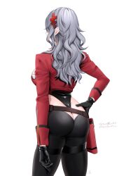 Rule 34 | 1girl, absurdres, ass, black gloves, black leotard, breasts, chaps, cropped jacket, from behind, gloves, goddess of victory: nikke, grey hair, hair ornament, hairclip, hand on own hip, highleg, highleg leotard, highres, jacket, large breasts, leotard, long hair, messy hair, pouch, red jacket, simple background, solo, thigh pouch, white background, ymr yamero, yulha (nikke)