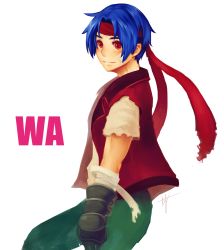 Rule 34 | 1boy, blue hair, coat, commentary request, gloves, headband, highres, male focus, red eyes, red vest, rody roughnight, shirt, short hair, solo, vest, wild arms, wild arms 1