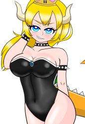 Rule 34 | 1girl, arm behind back, armlet, bare legs, bare shoulders, black leotard, blonde hair, blue eyes, blue gemstone, bowsette, bracelet, breasts, chaoschrome, cleavage, collar, collarbone, covered navel, crown, female focus, gem, grin, hand on own head, hand up, highres, horns, jewelry, large breasts, large tail, legs, leotard, long hair, looking at viewer, mario (series), monster girl, naughty face, neck, new super mario bros. u deluxe, nintendo, ponytail, sharp teeth, shell, simple background, smile, smug, solo, spiked armlet, spiked bracelet, spiked collar, spiked tail, spikes, standing, strapless, strapless leotard, super crown, super mario bros. 1, tail, teeth, thighs, turtle shell, white background, white horns