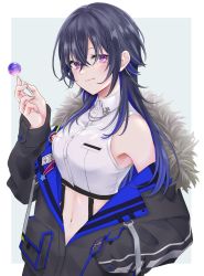 Rule 34 | 1girl, aoyashio rin, black hair, black jacket, blue hair, candy, collared shirt, commentary request, crossed bangs, dress shirt, food, from side, fur-trimmed jacket, fur trim, garter straps, hair between eyes, hand in pocket, hand up, highres, holding, holding candy, holding food, holding lollipop, ichinose uruha, jacket, lollipop, long hair, long sleeves, looking at viewer, lupinus virtual games, midriff, multicolored hair, navel, off shoulder, purple eyes, shirt, simple background, sleeveless, sleeveless shirt, smile, solo, upper body, virtual youtuber, vspo!, white shirt