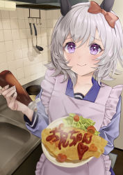 Rule 34 | 1girl, absurdres, animal ears, apron, bandaid, blush, commentary request, curren chan (umamusume), food, highres, horei tsuna, horse ears, horse girl, ketchup bottle, kitchen, looking at viewer, ribbon, school uniform, short hair, silver hair, smile, tracen school uniform, umamusume