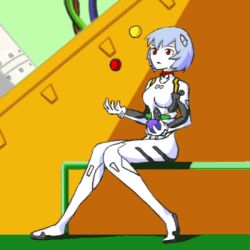 Rule 34 | 1girl, animated, animated gif, ayanami rei, ball, blue hair, juggling, lowres, neon genesis evangelion, plugsuit, red eyes, short hair, sitting, skin tight, solo