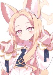Rule 34 | 1girl, absurdres, animal ears, blonde hair, blue archive, blush, commentary request, cross halo, forehead, fox ears, fox shadow puppet, hair ornament, halo, highres, lobsteranian, long sleeves, looking at viewer, portrait, purple eyes, simple background, solo, white background