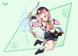 Rule 34 | 1girl, animal ear fluff, animal ears, armpits, arrow (projectile), bangs pinned back, black footwear, black shorts, boots, bow (weapon), cat ears, cat girl, cat tail, commentary request, detached sleeves, diona (genshin impact), fighting stance, genshin impact, gloves, green background, green eyes, hair ribbon, hat, highres, holding, holding arrow, holding bow (weapon), holding weapon, looking away, luxuriou s, navel, paw print, pink hair, ribbon, short hair, shorts, sidelocks, simple background, smile, solo, string, tail, thick eyebrows, v-shaped eyebrows, weapon, white gloves