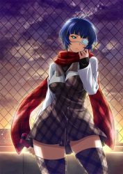 Rule 34 | 00s, 1girl, blue hair, box, breasts, brown thighhighs, contrapposto, eyepatch, gift, gift box, green eyes, ikkitousen, jpeg artifacts, large breasts, medical eyepatch, mole, mole under eye, mole under mouth, official art, outdoors, red scarf, ryomou shimei, sad, scarf, short hair, solo, standing, thighhighs