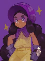 Rule 34 | 1girl, bare arms, black hair, bonnet, closed mouth, commentary request, creatures (company), dark-skinned female, dark skin, ester (yhs1862), eyelashes, game freak, gloves, hapu (pokemon), highres, island kahuna, jumpsuit, korean commentary, long hair, nintendo, pokemon, pokemon sm, purple background, purple eyes, sleeveless, solo, thick eyebrows, twintails