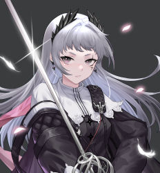 Rule 34 | 1girl, absurdres, animal ears, arknights, bird ears, black shirt, earrings, feathers, glint, grey background, grey eyes, grey hair, hair ornament, head wings, highres, holding, holding sword, holding weapon, irene (arknights), jewelry, lifyter, long hair, looking at viewer, petals, rapier, scar, scar across eye, shirt, solo, sword, two-tone shirt, upper body, v-shaped eyebrows, weapon, white shirt, wings