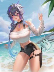 Rule 34 | 1girl, :d, absurdres, ahoge, azur lane, bag, bare shoulders, belt, black shorts, blue sky, blurry, blurry background, breasts, cleavage, cloud, collarbone, commentary, cowboy shot, cropped sweater, crossed bangs, day, detached collar, english commentary, foch (azur lane), foch (rainbow rendezvous) (azur lane), grey hair, hair between eyes, hand up, high-waist shorts, highres, holster, holstered, huge breasts, knife sheath, knife sheath, latex shorts, lens flare, long hair, long sleeves, looking at viewer, multicolored hair, nail polish, navel, o-ring, o-ring belt, ocean, off-shoulder sweater, off shoulder, official alternate costume, open mouth, outdoors, palm leaf, partially unzipped, pink eyes, purple hair, red nails, sheath, shorts, shoulder bag, sidelocks, skindentation, sky, smile, solo, standing, sweater, teeth, theblu3jay, thigh holster, upper teeth only, white sweater, zipper pull tab