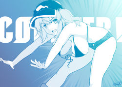 Rule 34 | 1girl, alternate costume, bikini, bikini top only, blue theme, boots, breasts, commentary request, feet out of frame, flat cap, hair bobbles, hair ornament, hanging breasts, hat, highres, kagiyama shachou, kawashiro nitori, large breasts, looking at viewer, medium hair, monochrome, open mouth, short shorts, shorts, sidelocks, smile, solo, swimsuit, touhou, two side up