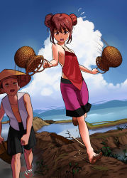 Rule 34 | 1boy, 1girl, bad id, bad pixiv id, bare shoulders, barefoot, basket, brown eyes, brown hair, bucket, chinese clothes, cloud, collarbone, day, dirty, dirty feet, double bun, dudou, feet, hat, highres, mud, ocean, open mouth, original, outdoors, short hair, shorts, sky, toes, vest, water, yewang19