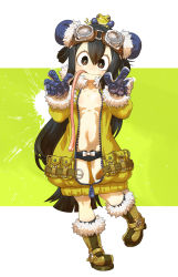 Rule 34 | 10s, 1girl, :&gt;, alternate costume, alternate hairstyle, animal, animal on head, asui tsuyu, black hair, black panties, blush, boku no hero academia, boots, bow, bow panties, breasts, brown eyes, brown footwear, bun cover, chaki (teasets), collarbone, double bun, eyelashes, frog, frog girl, full body, fur trim, goggles, goggles on head, hair between eyes, hair bun, hair rings, highres, leg up, long hair, long sleeves, long tongue, looking at viewer, navel, on head, panties, simple background, small breasts, solo, tongue, tongue out, underwear, unzipped, zipper