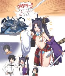 Rule 34 | 1girl, 3boys, arash (fate), armor, asymmetrical sleeves, bare shoulders, belt, black belt, black eyes, black gloves, black hair, blue eyes, blue panties, blush, breasts, brown hair, cape, chaps, closed eyes, collared shirt, detached sleeves, fate/grand order, fate (series), fujimaru ritsuka (male), gameplay mechanics, gloves, hair between eyes, hair rings, hand on another&#039;s head, hand on own hip, hand up, hands up, headpat, holding, holding sword, holding weapon, japanese armor, jitome, kusazuri, long hair, long sleeves, looking at another, mismatched sleeves, multiple boys, navel, necktie, no bra, nose blush, open mouth, outstretched arm, panties, parted bangs, pointing, pom pom (clothes), regu (reg95), revealing clothes, shirt, shoulder armor, side ponytail, single glove, small breasts, smile, sode, sparkle, stomach, sweatdrop, sword, talking, translation request, underwear, ushiwakamaru (fate), very long hair, waver velvet, weapon, white shirt, wide sleeves, x x