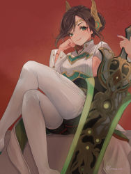 Rule 34 | 1girl, absurdres, alexandria (xenoblade), artist name, black bodysuit, blue nails, bodysuit, boots, braid, braided bun, breasts, brown hair, circlet, closed mouth, crossed legs, feet out of frame, green eyes, hair bun, head rest, high collar, highres, holding, holding sword, holding weapon, huge weapon, invisible chair, long sleeves, looking at viewer, nail polish, red background, remaco, short hair, sideboob, sitting, smile, solo, sword, thigh boots, weapon, white footwear, wide sleeves, xenoblade chronicles (series), xenoblade chronicles 3