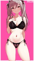 1girl black_bra black_panties blush border bra breasts closed_mouth collarbone commentary_request dated gluteal_fold green_eyes grey_hair hair_between_eyes hand_on_own_chest highres idolmaster idolmaster_cinderella_girls kanzaki_ranko koitusmile lace lace-trimmed_bra lace-trimmed_panties lace_trim large_breasts lingerie long_hair navel outside_border panties pink_background red_eyes side-tie_panties simple_background smile solo stomach thighs twintails underwear very_long_hair white_border