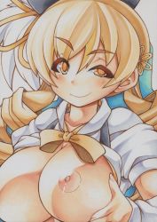Rule 34 | 10s, 1girl, breasts, breasts out, cleavage, colored pencil (medium), drill hair, female focus, hat, large breasts, looking at viewer, magical girl, mahou shoujo madoka magica, mahou shoujo madoka magica (anime), marker (medium), millipen (medium), naughty face, nipples, no bra, open clothes, open shirt, puffy short sleeves, puffy sleeves, shirt, short sleeves, simple background, smile, solo, tomoe mami, traditional media, twin drills, uneven eyes, upper body, yellow eyes, yutakasan-love