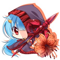Rule 34 | 1girl, black cape, black flower, blue hair, brown flower, cape, chibi, closed mouth, commentary request, fingerless gloves, flower, flower knight girl, full body, gloves, hair between eyes, holding, holding polearm, holding spear, holding weapon, hood, hood up, hooded cape, horns, lily (flower), long hair, looking at viewer, name connection, object namesake, oniyuri (flower knight girl), polearm, red eyes, shachoo., shadow, single horn, solo, spear, very long hair, weapon, white background