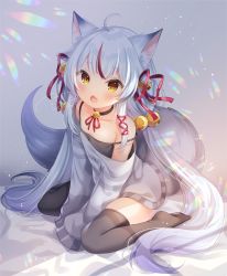 Rule 34 | 1girl, :d, animal ears, bad id, bad pixiv id, bare shoulders, bed sheet, bell, black camisole, black choker, black thighhighs, blush, brown eyes, camisole, choker, collarbone, commentary request, fang, fox ears, fox girl, fox tail, grey shirt, hair bell, hair ornament, hair ribbon, highres, jingle bell, kamiko kana, komachi pochi, long hair, long sleeves, looking at viewer, multicolored hair, no shoes, off shoulder, open mouth, red hair, red ribbon, ribbon, shirt, short eyebrows, silver hair, sitting, sleeves past fingers, sleeves past wrists, smile, solo, strap slip, streaked hair, tail, thick eyebrows, thighhighs, tsunderia, very long hair, virtual youtuber, wariza