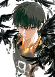 Rule 34 | 1boy, bird, black hair, blue eyes, closed mouth, commentary, feathered wings, haikyuu!!, highres, jersey, kageyama tobio, karasuno volleyball uniform, looking away, male focus, shenshan laolin, short hair, sportswear, symbol-only commentary, tears, volleyball uniform, white background, wings