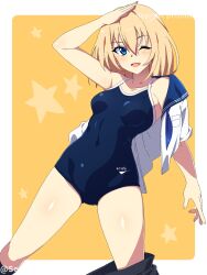 Rule 34 | 1girl, ;d, armpits, bare shoulders, black skirt, blonde hair, blue eyes, blue neckerchief, blush, border, breast pocket, breasts, collarbone, covered navel, dutch angle, hair between eyes, hand on own head, highres, looking at viewer, medium hair, neckerchief, off shoulder, one-piece swimsuit, one eye closed, open clothes, open mouth, original, outside border, pocket, sailor collar, school swimsuit, school uniform, sebunsu, serafuku, skirt, skirt around one leg, small breasts, smile, solo, standing, star (symbol), starry background, swimsuit, swimsuit under clothes, thighs, white border, yellow background