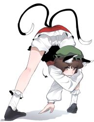 Rule 34 | 1girl, animal ear fluff, animal ears, arm support, arrow (symbol), bloomers, bobby socks, brown eyes, brown hair, cat ears, cat tail, chen, closed mouth, commentary request, contortion, flexible, frogsnake, from behind, full body, hat, light blush, light smile, long sleeves, looking at viewer, mob cap, multiple tails, nekomata, petticoat, puffy long sleeves, puffy sleeves, red skirt, red vest, shadow, short hair, skirt, socks, solo, tail, touhou, twisted torso, two tails, underwear, upskirt, vest