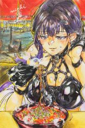 Rule 34 | 1girl, artist name, bare shoulders, black gloves, black hair, breasts, chain, chain leash, cleavage, collar, colored inner hair, eating, food, gloves, goddess of victory: nikke, half gloves, large breasts, leash, leather bikini, long hair, michikusa choco, mihara (nikke), multicolored hair, noodles, purple eyes, purple hair, ramen, solo, spiked collar, spikes, sweat, traditional media