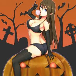 Rule 34 | 1girl, ass, bare shoulders, black panties, black thighhighs, blue eyes, bra, breasts, brown hair, butt crack, candy, cleavage, elbow gloves, food, gloves, halloween, highres, jack-o&#039;-lantern, lace, lace-trimmed legwear, lace trim, large breasts, licking, lingerie, lollipop, long hair, looking at viewer, looking back, o-ring, o-ring top, original, panties, pointy ears, pumpkin, solo, suzuki (pixiv1277943), thighhighs, twisted torso, underwear, underwear only