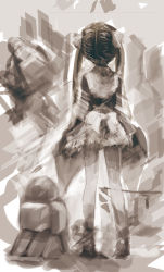 Rule 34 | 1girl, from behind, long hair, monochrome, original, solo, standing, twintails, uturo