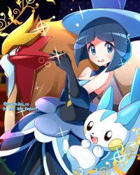 Rule 34 | 1girl, absurdres, bare shoulders, battle chatelaine, black gloves, black pantyhose, blue dress, blue eyes, blue hair, blue headwear, blush, commentary request, creatures (company), detached collar, dress, elbow gloves, entei, evelyn (pokemon), eyelashes, game freak, gen 2 pokemon, gen 4 pokemon, glint, gloves, hands up, hat, highres, holding, holding poke ball, legendary pokemon, looking at viewer, medium hair, miyama (yakinikusushi the royal), nintendo, open mouth, pachirisu, pantyhose, poke ball, pokemon, pokemon (creature), pokemon xy, sparkle, strapless, strapless dress, tongue, top hat, twitter username