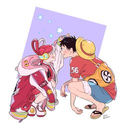 Rule 34 | 1boy, 1girl, asymmetrical sleeves, awarinko, black hair, blue shorts, blush, dress, grin, hat, headphones, highres, long hair, long sleeves, looking at another, monkey d. luffy, multicolored hair, one piece, one piece film: red, purple eyes, red hair, red shirt, sandals, scar, scar on face, shirt, short sleeves, shorts, sidelocks, signature, simple background, smile, split-color hair, squatting, straw hat, twitter username, two-tone hair, uta (one piece), very long hair, white background, white hair, white wings, wings