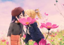 Rule 34 | 2girls, artist name, ayase eli, beret, black shirt, blonde hair, blue eyes, blue hair, blue jacket, blurry, blurry foreground, breast pocket, brown eyes, field, flower, flower field, hair ribbon, hat, high-waist skirt, holding hands, jacket, kiss, long hair, long sleeves, looking at another, love live!, love live! school idol project, multiple girls, orange skirt, outdoors, pocket, ponytail, red hat, ribbon, shirt, signature, skirt, sonoda umi, suito, white ribbon, yuri