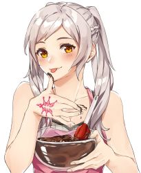 Rule 34 | 1girl, apron, bowl, chocolate, fire emblem, fire emblem awakening, highres, holding, holding bowl, kamu (kamuuei), long hair, nintendo, robin (female) (fire emblem), robin (fire emblem), simple background, solo, tongue, tongue out, twintails, upper body, white background, white hair, yellow eyes