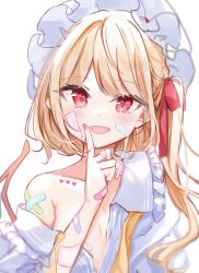 Rule 34 | 1girl, :d, bandaid, bandaid on hand, bare shoulders, blonde hair, blurry, blush, breasts, collarbone, commentary request, covering breasts, covering privates, depth of field, fang, flandre scarlet, frilled shirt collar, frills, hair ribbon, hand up, hat, heart, highres, index finger raised, mob cap, moko (mokochisa), nail polish, neck ribbon, off shoulder, one side up, open mouth, pink eyes, red nails, red ribbon, ribbon, short hair, simple background, skin fang, small breasts, smile, solo, swept bangs, touhou, undone neck ribbon, upper body, white background, white hat, wings, yellow neckwear