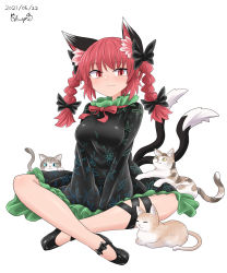 Rule 34 | 1girl, :3, animal ear fluff, animal ears, black bow, black dress, black footwear, black ribbon, bow, bowtie, braid, breasts, cat, cat ears, cat tail, chups, closed mouth, crossed legs, dated, dress, extra ears, footwear bow, frilled dress, frills, full body, highres, indian style, kaenbyou rin, leg ribbon, long sleeves, looking at viewer, medium breasts, medium hair, multiple tails, nekomata, red bow, red eyes, red hair, red neckwear, ribbon, side braids, signature, simple background, sitting, smile, tail, touhou, twin braids, two tails, white background, wide sleeves