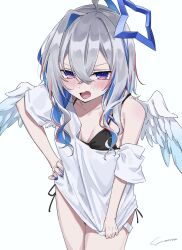 Rule 34 | 1girl, amane kanata, angel wings, annoyed, black bra, blue nails, blush, bottomless, bra, clothes tug, colored inner hair, glaring, grey hair, hair between eyes, half-closed eyes, halo, hand on own hip, highres, hololive, leaning forward, looking at viewer, loose clothes, loose shirt, multicolored hair, no pants, off shoulder, open mouth, shirt, shirt tug, sidelocks, signature, single bare shoulder, single hair intake, solo, star halo, streaked hair, underwear, v-shaped eyebrows, virtual youtuber, wavy hair, white background, white shirt, wings, yo na