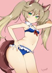 Rule 34 | 1girl, animal ears, arched back, arm behind head, arm up, armpits, bikini, blue bikini, brown hair, detached collar, dog ears, dog tail, elin, flat chest, green eyes, hand in own hair, hand on own hip, highres, long hair, mojarin (kihara mojarin), navel, pink background, simple background, solo, swimsuit, symbol-shaped pupils, tail, tera online, twintails