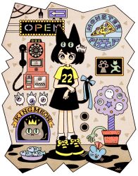 Rule 34 | 1girl, animal ears, arrow (symbol), black dress, black footwear, black hair, blue ribbon, blush stickers, bright pupils, cable, cat, cat ears, cat girl, cat tail, closed mouth, clothes writing, commentary request, crown, dot mouth, dot nose, dress, electric plug, english text, extra eyes, eyeball, fish, flower pot, garouma, green eyes, hair ornament, highres, holding own arm, looking to the side, loose socks, mouse (animal), original, payphone, phone, raglan sleeves, ribbon, shoes, short hair, short sleeves, sneakers, socks, solo, sparkle, standing, swept bangs, tail, tail ornament, tail ribbon, white pupils, white socks, yellow sleeves